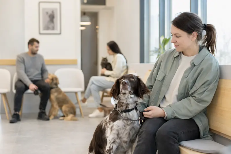 Ein Kleiner Münsterländer sitzt ruhig neben seinem Besitzer im hellen Wartezimmer einer Tierarztpraxis.